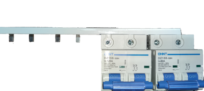 Grippes Bus Bar 2P for 2Pole 3 Module connected to circuit breakers in electrical circuitry setup