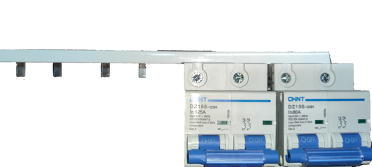 Grippes Bus Bar 2P for 2Pole 3 Module connected to circuit breakers in electrical circuitry setup