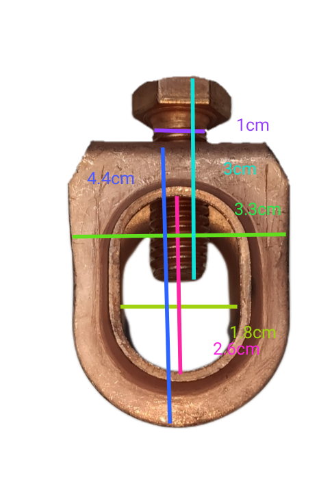 Copper plated grounding clamp with detailed size measurements against black background by Electx Electrical Supply