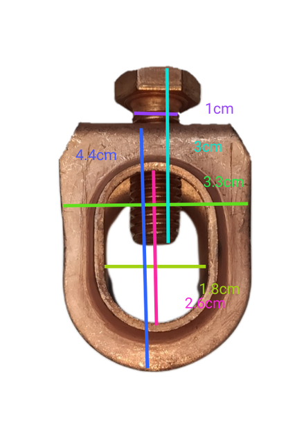 Copper plated grounding clamp with detailed size measurements against black background by Electx Electrical Supply