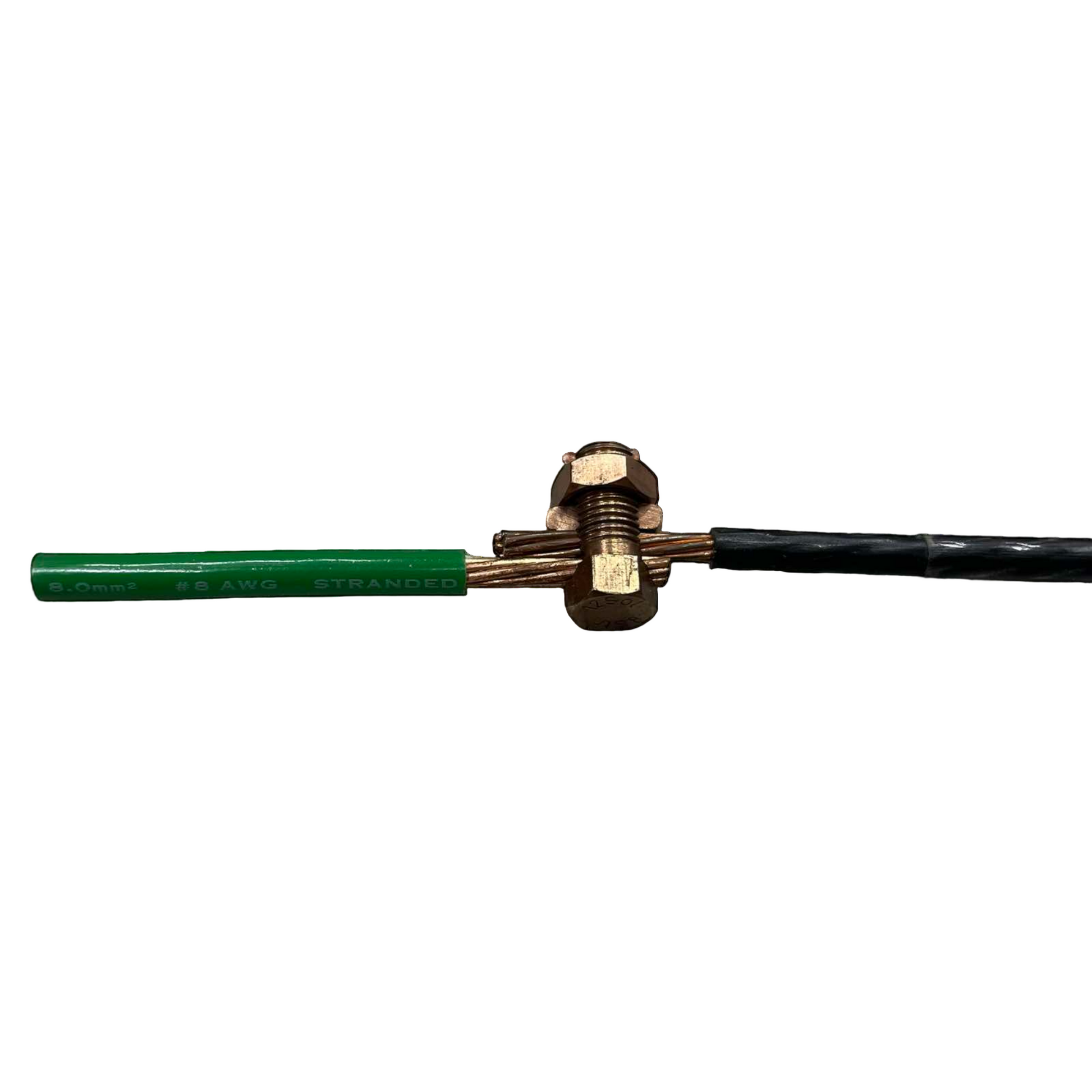 Solderless Connector 1 Bolt 1.25-8MM joining green stranded copper wire to black cable with brass clamp Solderless Connector 1 Bolt For 1.25-8MM Wire Size S-8 Electx Electrical SUpply