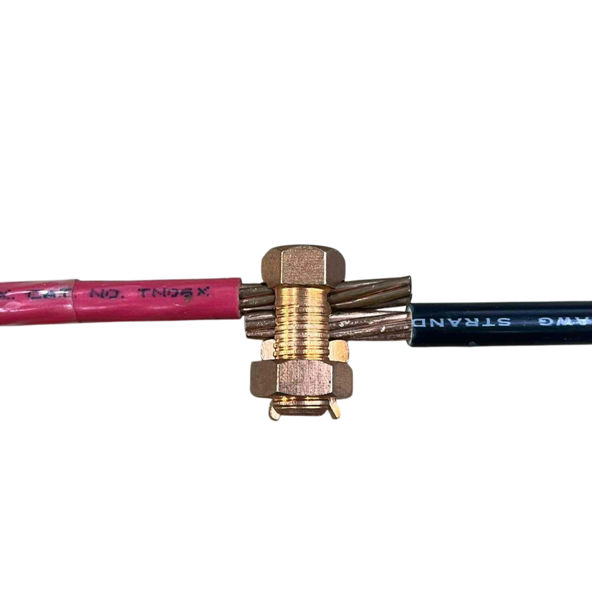Solderless Connector 1 Bolt 5.5-14MM joining red and black stranded cables with brass nut clamp