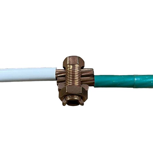 Brass Solderless Connector 1 Bolt 8-22MM joining white and green insulated stranded wires for electrical repairs Solderless Connector Single Bolt Wire Size 8.0mm - 22mm Copper S-4 AWG4 Electx Electrical SUpply
