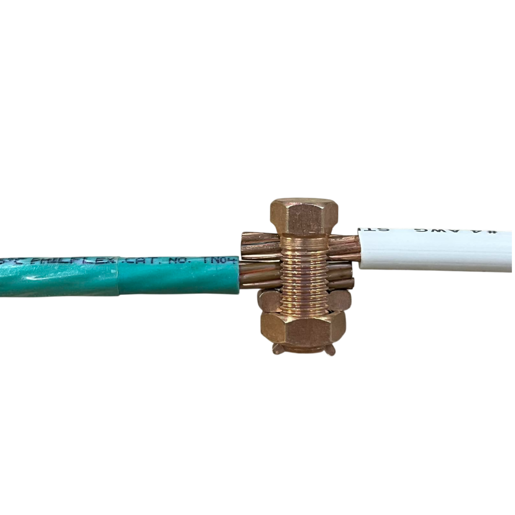 Solderless Connector 1 Bolt 8-22MM copper cable splice joining green and white stranded wires with nuts