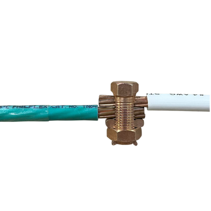 Solderless Connector 1 Bolt 8-22MM copper cable splice joining green and white stranded wires with nuts