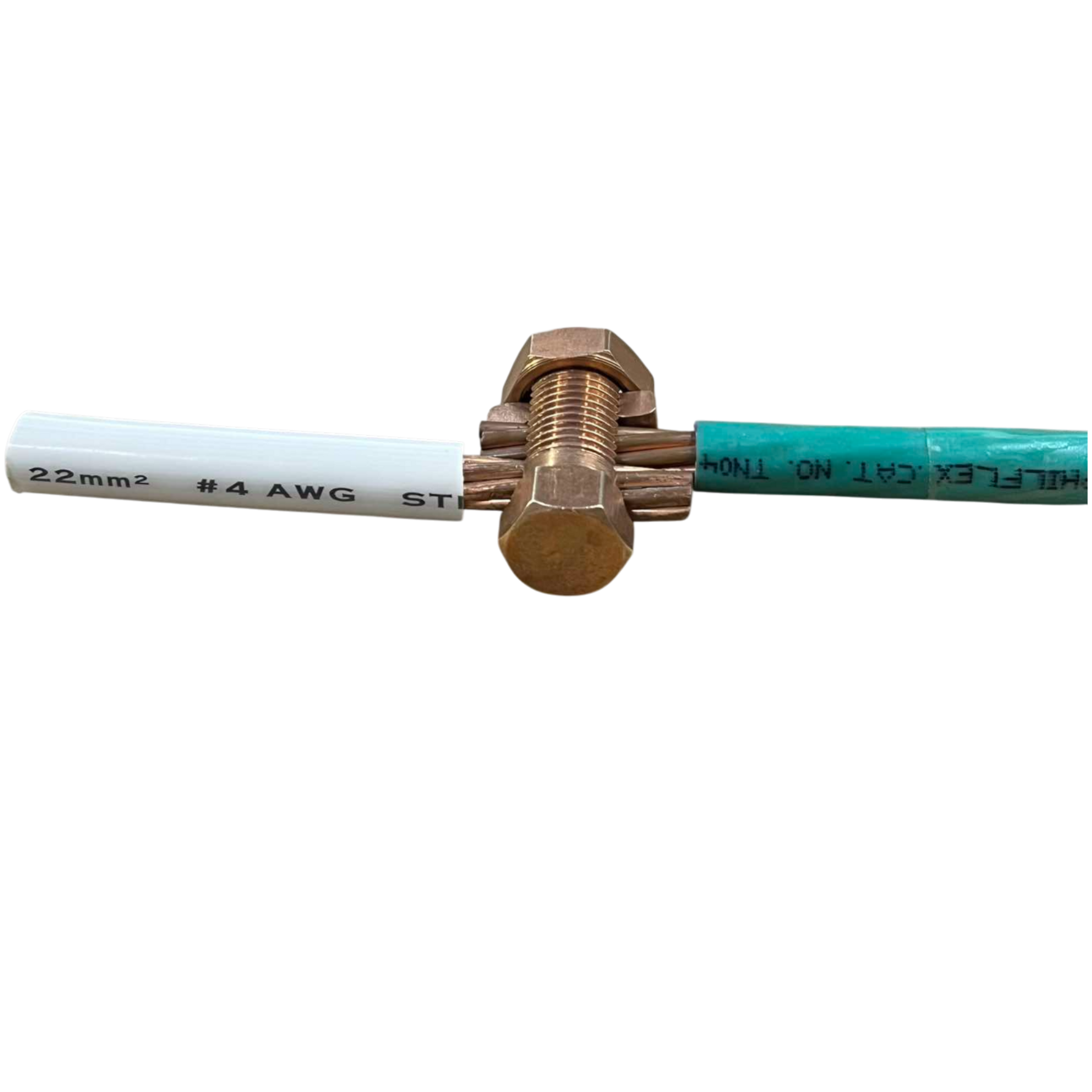 Solderless Connector 1 Bolt 8-22MM copper bolt connector joining green and white 22mm2 number 4 AWG electrical wires