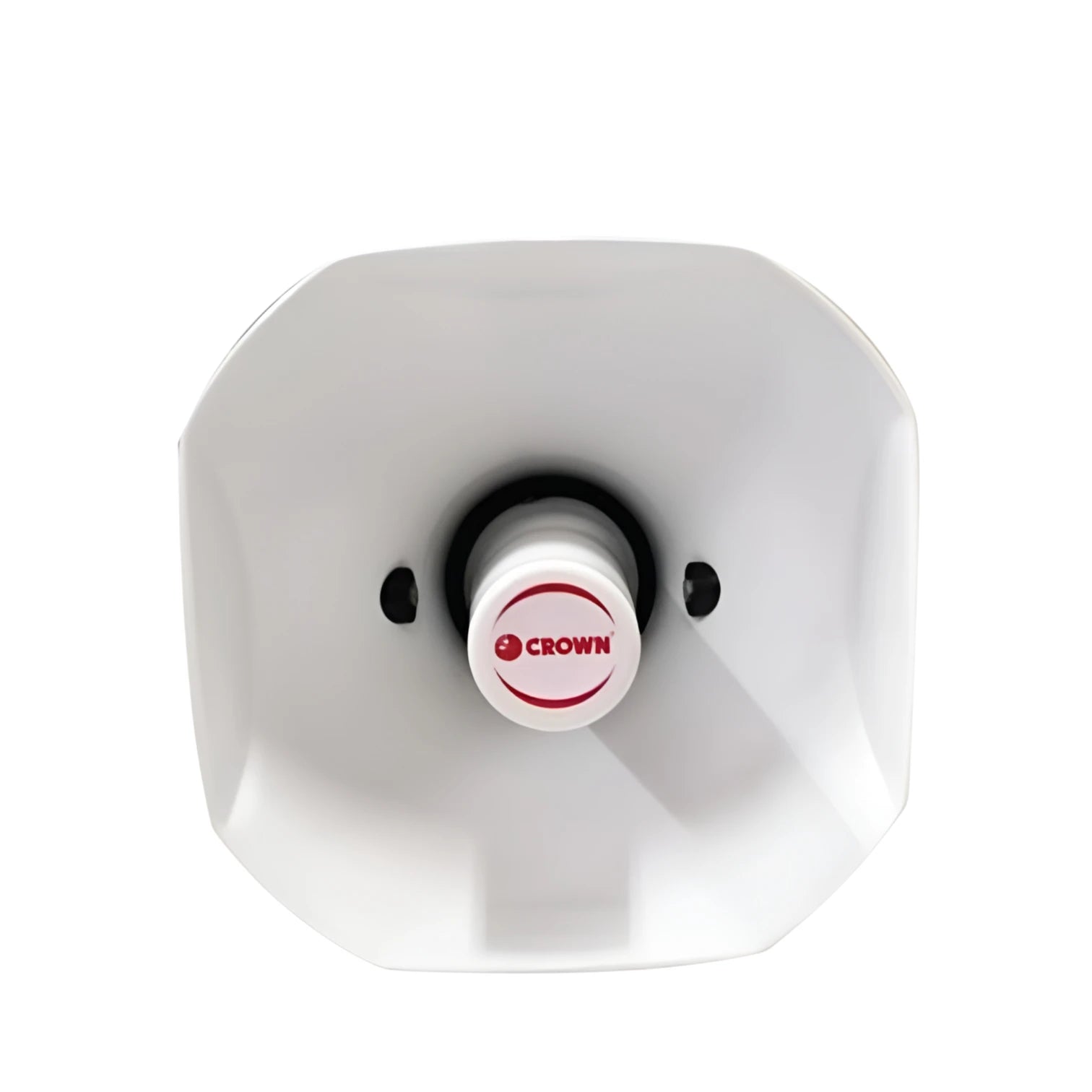 Front view of white Crown 180W Horn Speaker 16 Ohms with red Crown logo on center cap and mounting holes