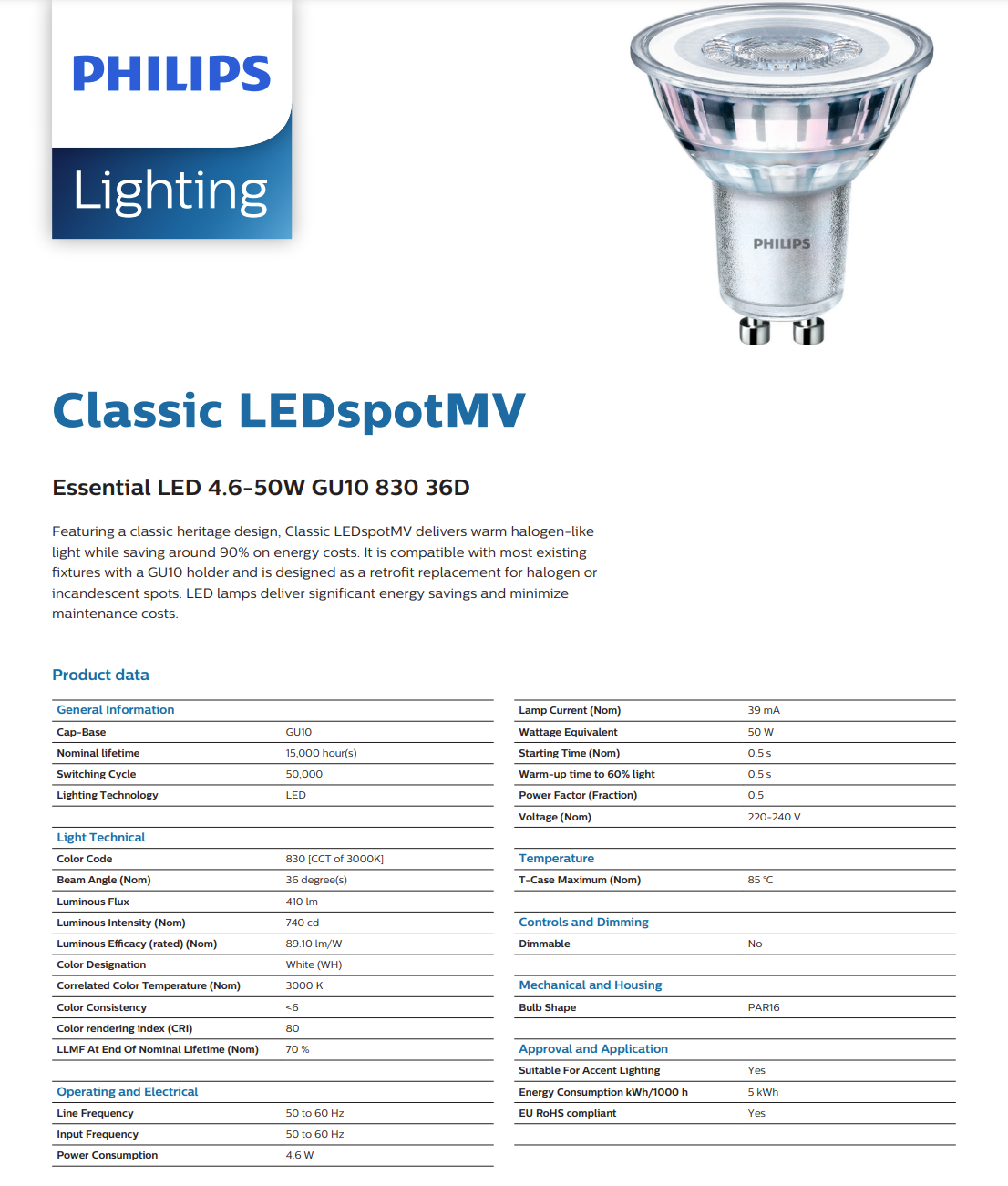Philips 4.6W GU10 MR16 LED 220V Warm White 3000K or 2700K, 4.6W LED Warm White GU10 MR-16