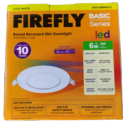 Firefly 6W LED Round Recessed Slim Downlight 220V Cool White 120mm