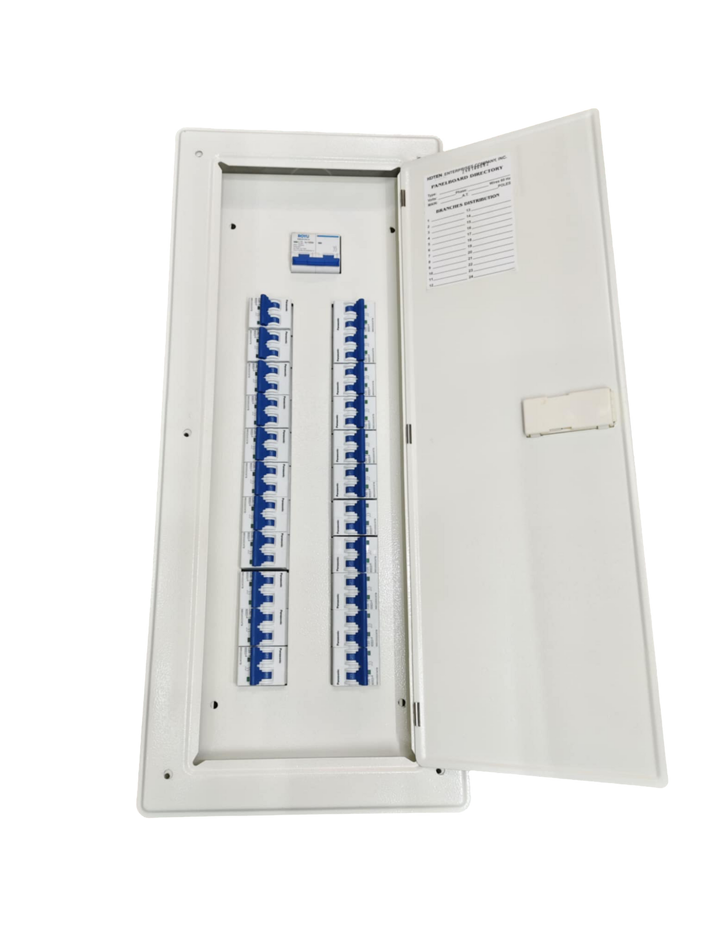 Panel Board 125A 2 Pole Main Royu Miniature Circuit Breaker 22 Branches 2 Pole Panasonic for Miniature 3 Modules Metal Base