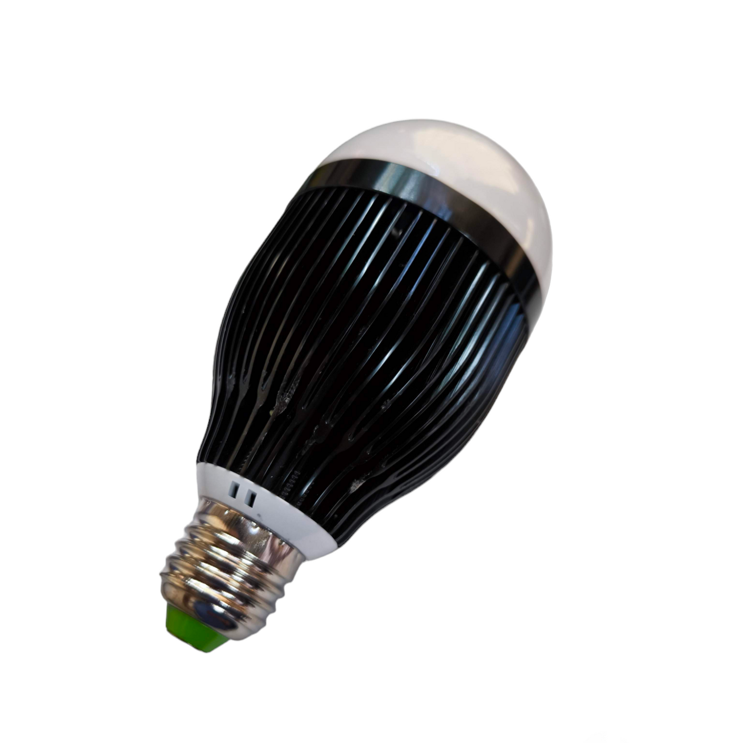 Denko 12W LED industrial bulb with a sleek black and silver design for efficient lighting