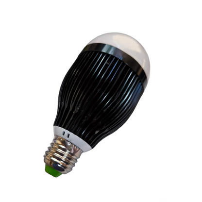 Denko 12W LED industrial bulb with a sleek black and silver design for efficient lighting