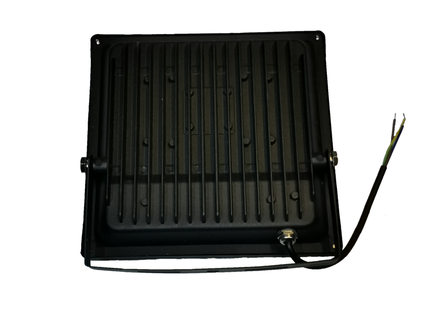 Back view of DENKO 30W 220V outdoor LED light by Electx Electrical Supply with black metal casing and attached wiring