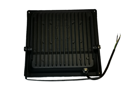 Back view of DENKO 30W 220V outdoor LED light by Electx Electrical Supply with black metal casing and attached wiring