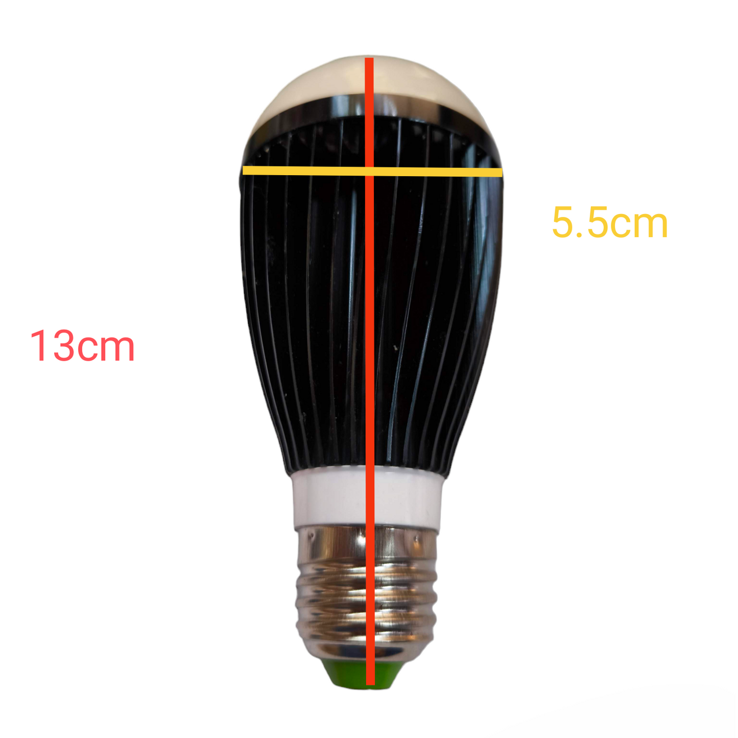 Denko 9W LED industrial bulb showing measurements of 13cm height and 5.5cm diameter