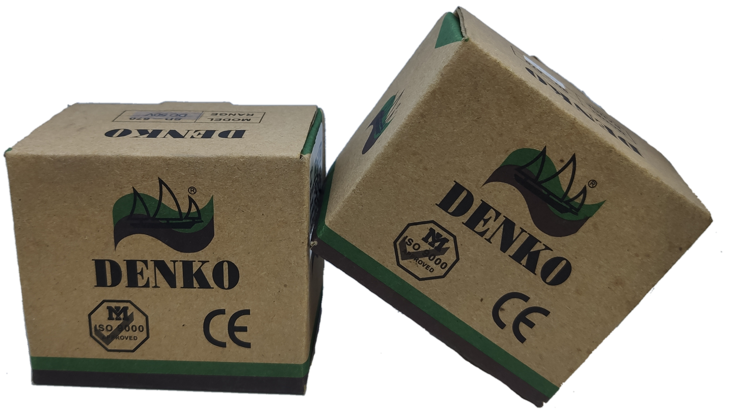 Denko DC volt panel meter packaging featuring the Denko logo and CE certification