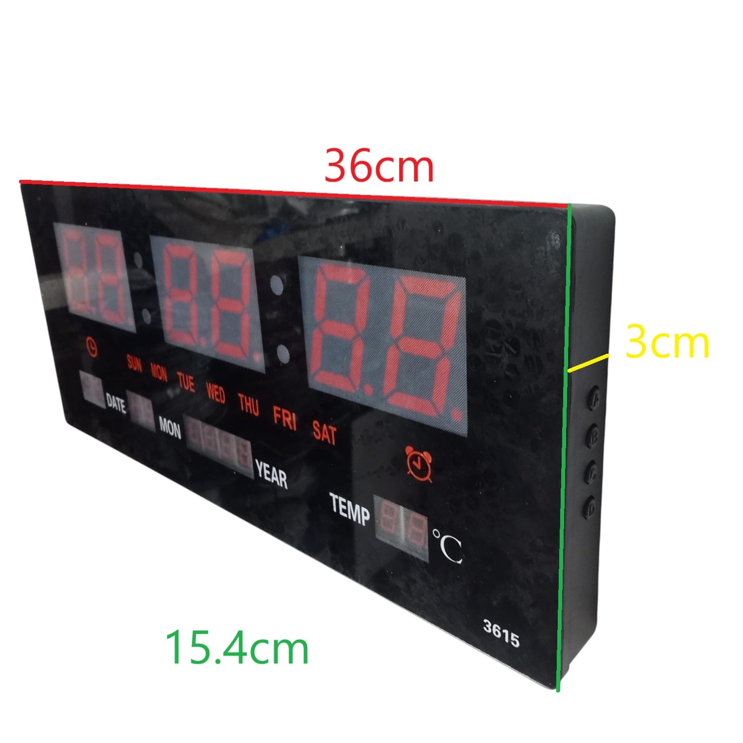 Digital wall clock 220V with large display showing date, time, and temperature in Celsius