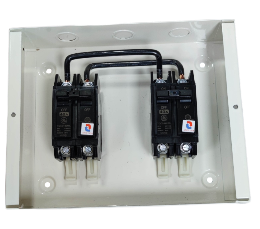 GE and Koten double pole double throw breaker installed in a white electrical panel for circuit protection