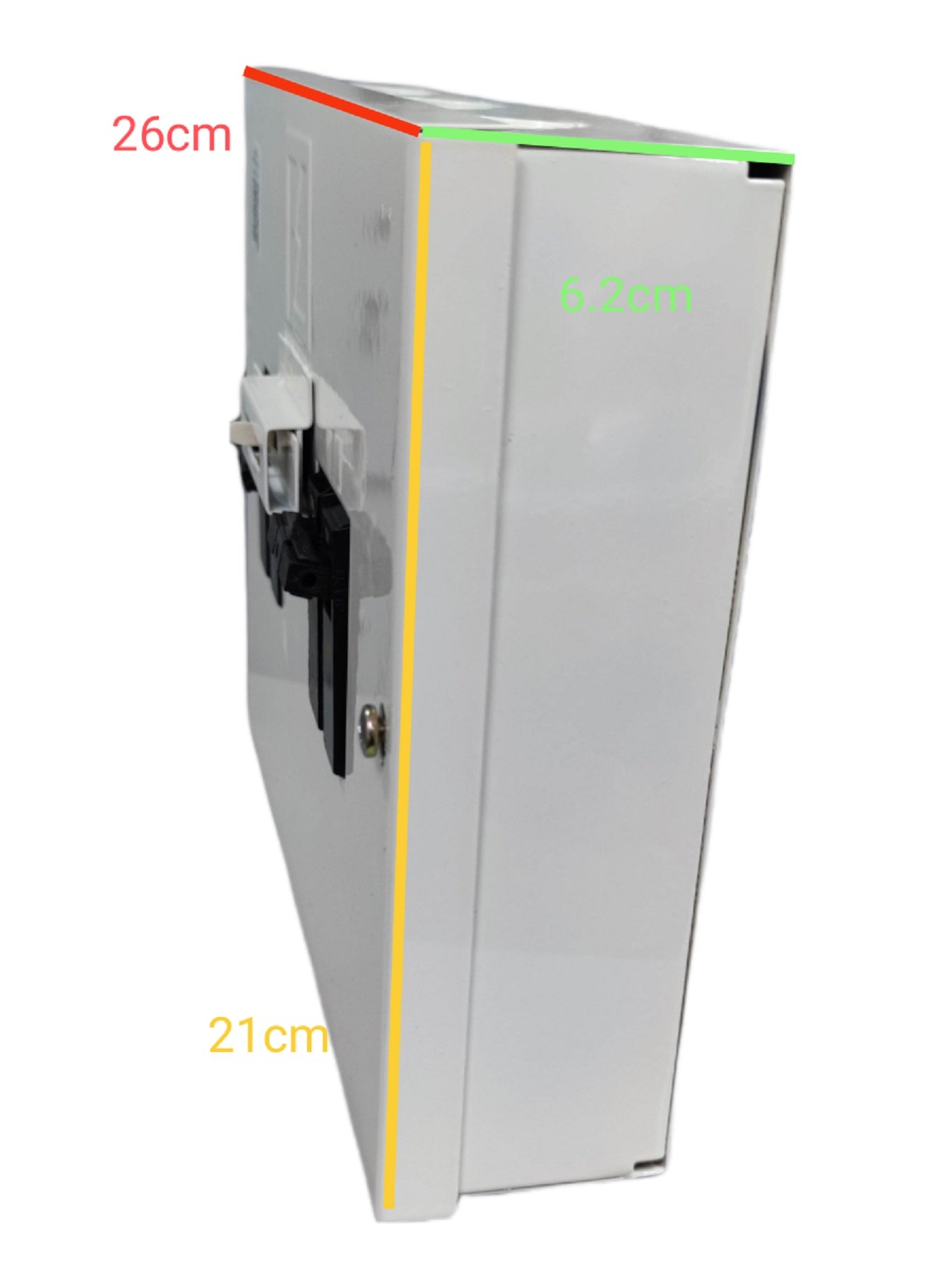 White double pole double throw breaker electrical component by GE and Koten with dimensions 26cm by 21cm by 6.2cm