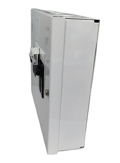 White electrical double pole double throw breaker by GE and Koten with black switch lever