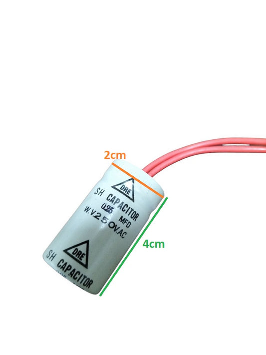 DRE 0.25MFD 250V AC capacitor with red wires and white cylindrical body electrical component