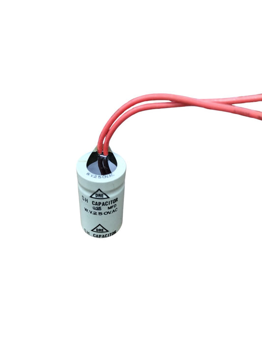 DRE 0.25MFD 250V AC capacitor with red wires for electrical circuitry and parts