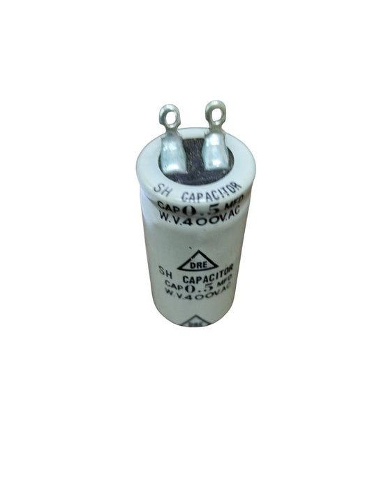 DRE 0.5MFD Motor Running Capacitor white cylindrical electrical component with metal terminals