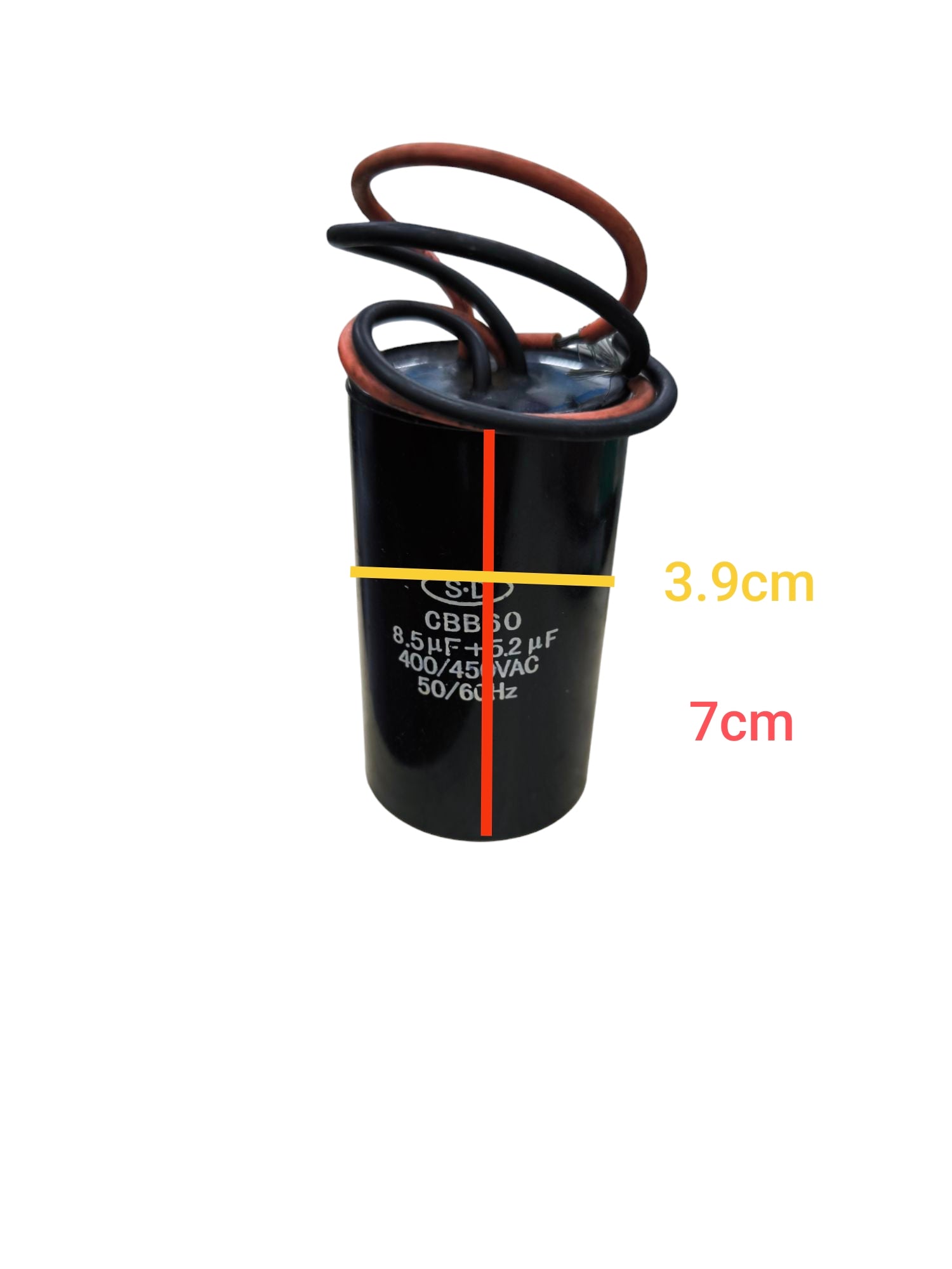 Dual capacitor 8.5uF 200V 5.2uF 450V black electrical component with wires from China