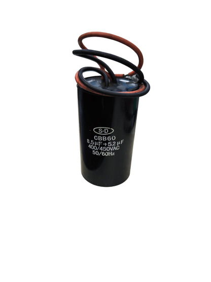 Dual capacitor 8.5uF 200V 5.2uF 450V black electrical component with attached wires