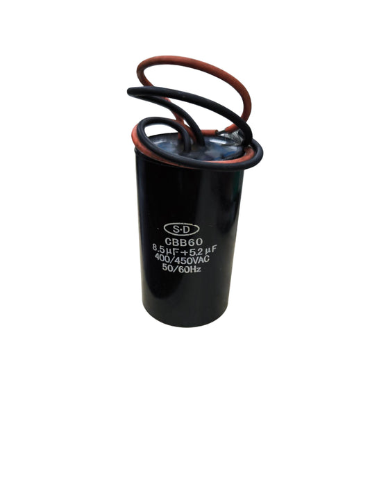 Dual capacitor 8.5uF 200V 5.2uF 450V black electrical component with attached wires