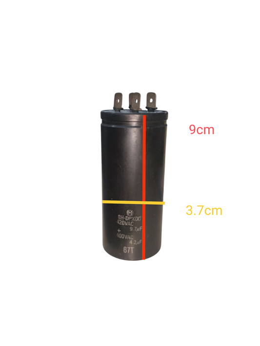 SH dual capacitor 9.7uF 4.2uF 420V 400V electrical component with three terminals and black cylindrical body