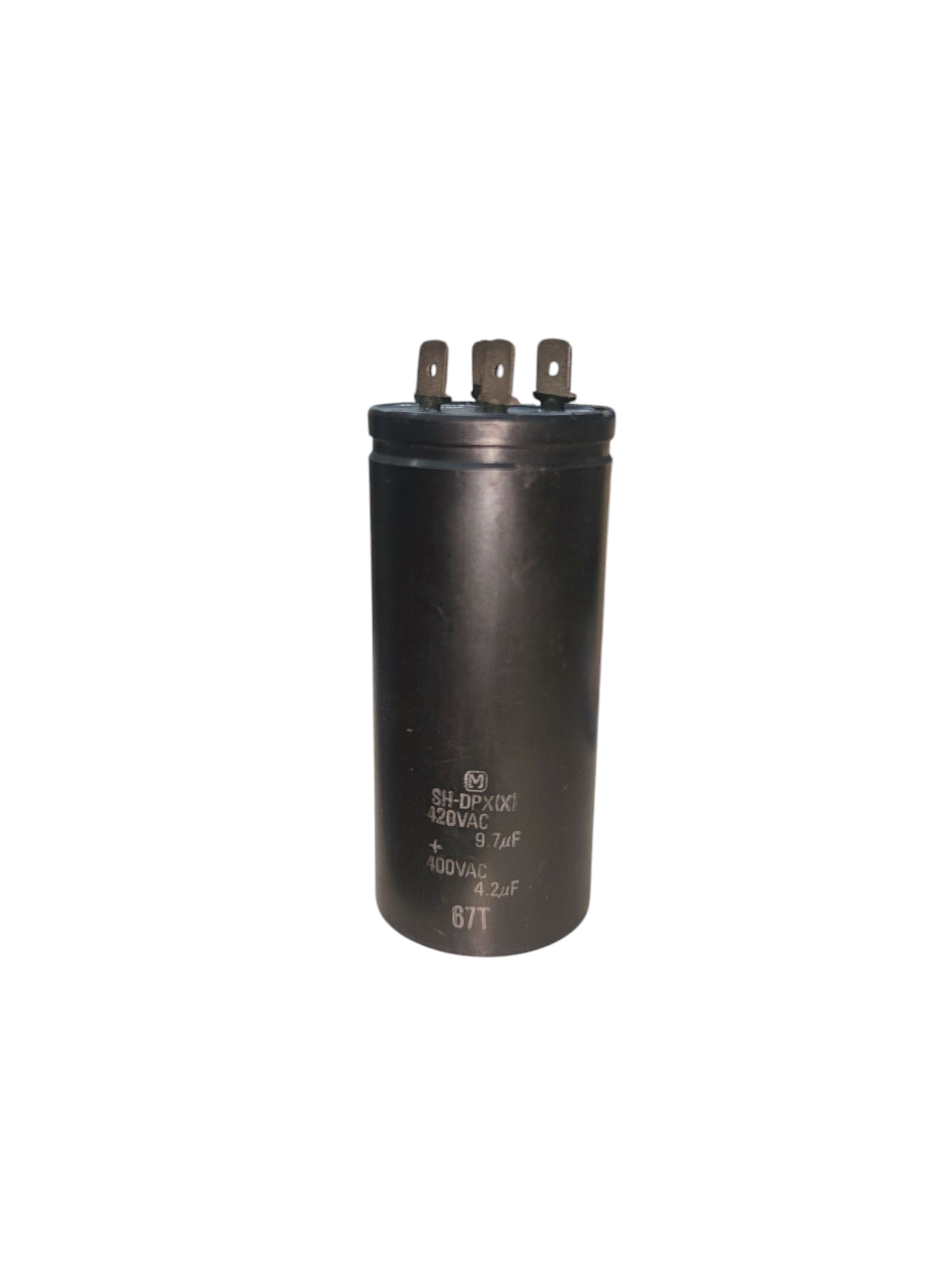 SH dual capacitor 9.7uF 4.2uF 420V 400V black electrical component with three terminals