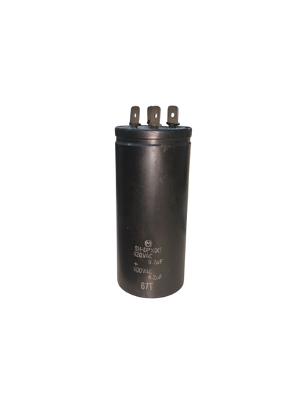 SH dual capacitor 9.7uF 4.2uF 420V 400V black electrical component with three terminals