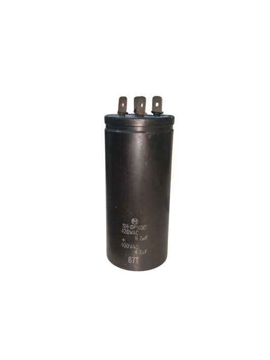 SH dual capacitor 9.7uF 4.2uF 420V 400V black electrical component with three terminals