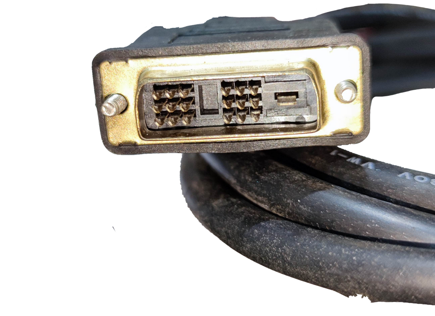Close-up view of a DVI to DVI cable 1.5 meters connector with gold pins and a robust design