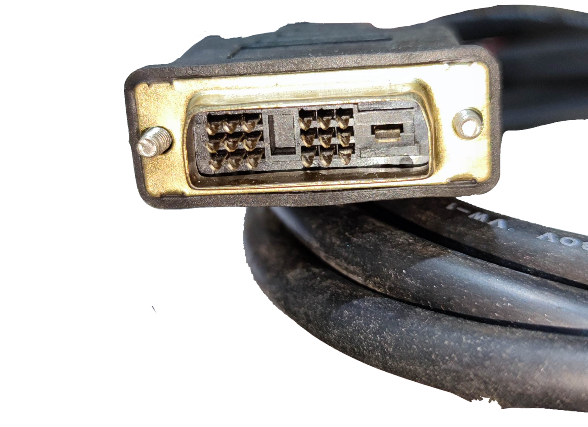 Close-up view of a DVI to DVI cable 1.5 meters connector with gold pins and a robust design