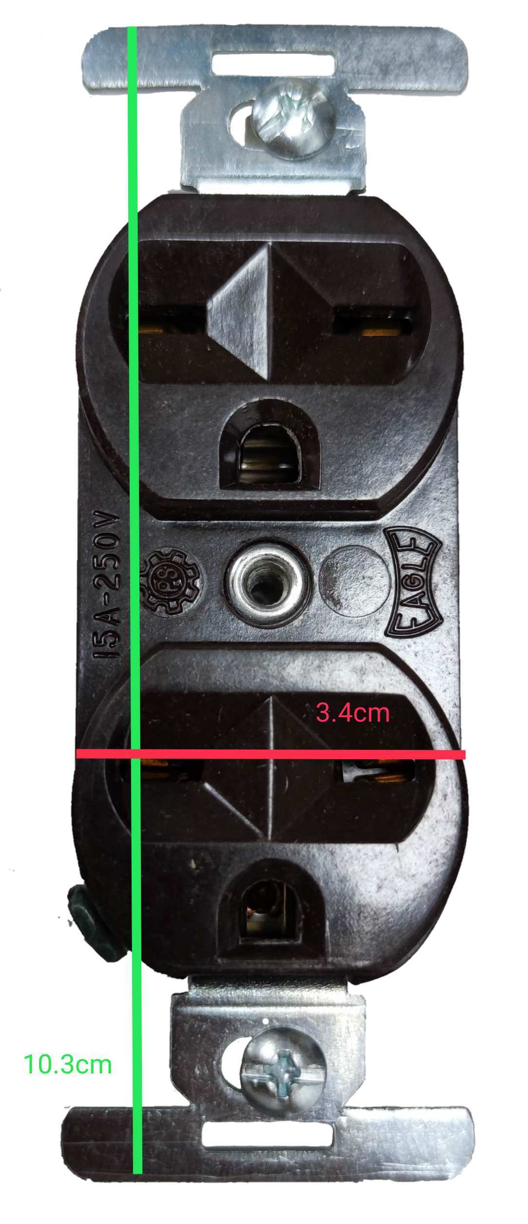 Eagle 2 gang tandem outlet 15A 250V with mounting hardware and clear electrical specifications