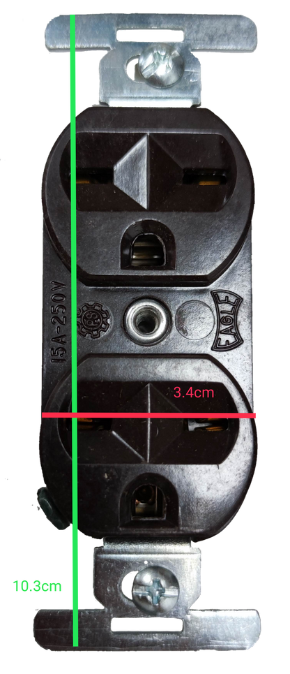 Eagle 2 gang tandem outlet 15A 250V with mounting hardware and clear electrical specifications