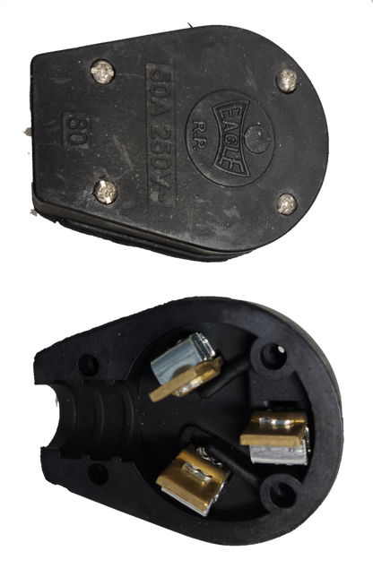 Eagle 50A range plug black heavy duty 250V stove plug showing closed cover logo and open view with brass terminals