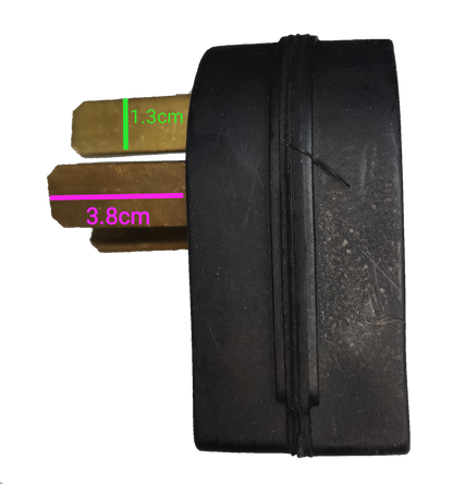 Eagle 50A range plug heavy duty black cooker plug with two brass flat prongs close up showing measurements