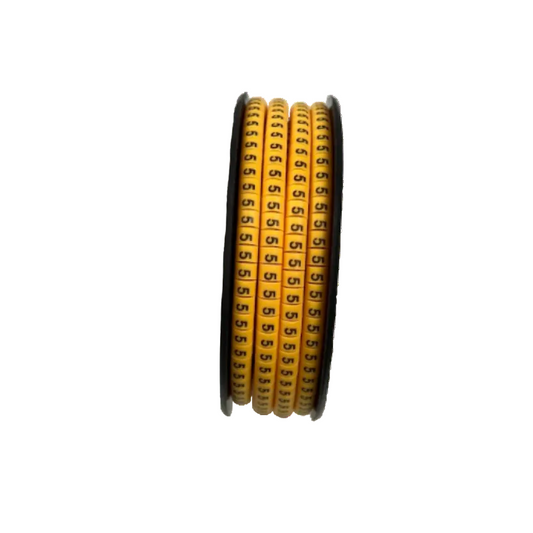 Roll of 5 Cable Marker Yellow adhesive cable labels with repeated 5 digits for wire identification
