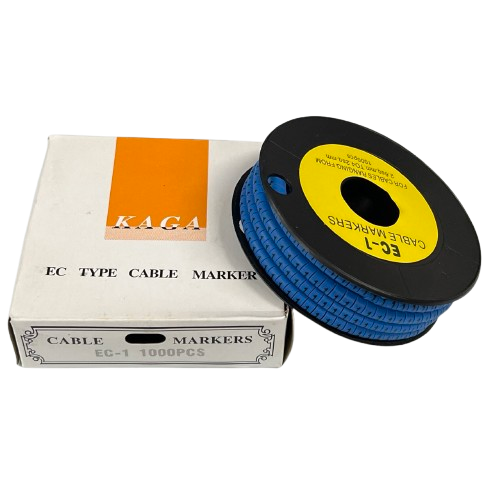 Spool of blue cable markers and box for Cable "1" Marker 2.6mm to 4.2mm cable management