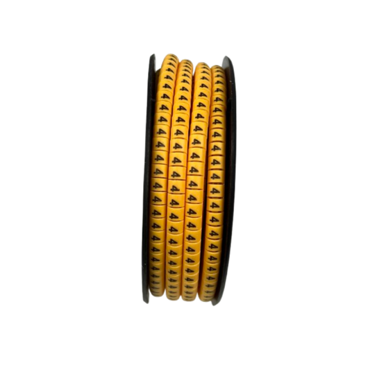 Spool of yellow cable number markers showing repeated black 4 labels for wire organization Cable Marker 4 Yellow