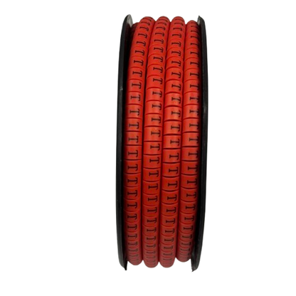 Grippes cable management spool with T Marker Red 2.6mm to 4.2mm 1000pcs cable labels on black background
