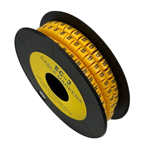Cable Marker - B Yellow reel of adhesive plastic letter markers on black spool for cable management