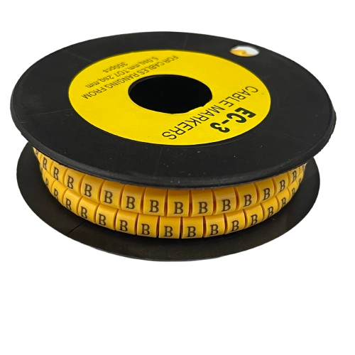 Cable Marker - B Yellow spool of adhesive letter B cable labels on black reel for cable management
