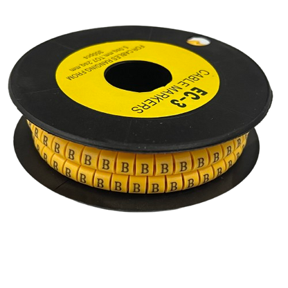 Cable Marker - B Yellow spool of adhesive letter B cable labels on black reel for cable management