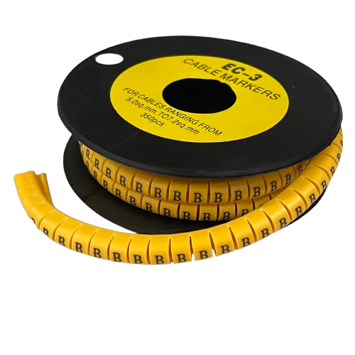 Cable Marker - B Yellow flexible snap on markers on a black spool for cable management and cable labeling