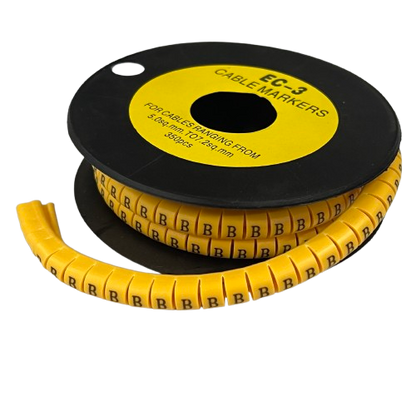Cable Marker - B Yellow flexible snap on markers on a black spool for cable management and cable labeling