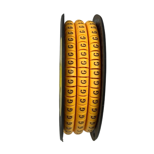 Grippes spool of yellow ring cable markers with repeated G print for wire identification Cable Marker G - Yellow